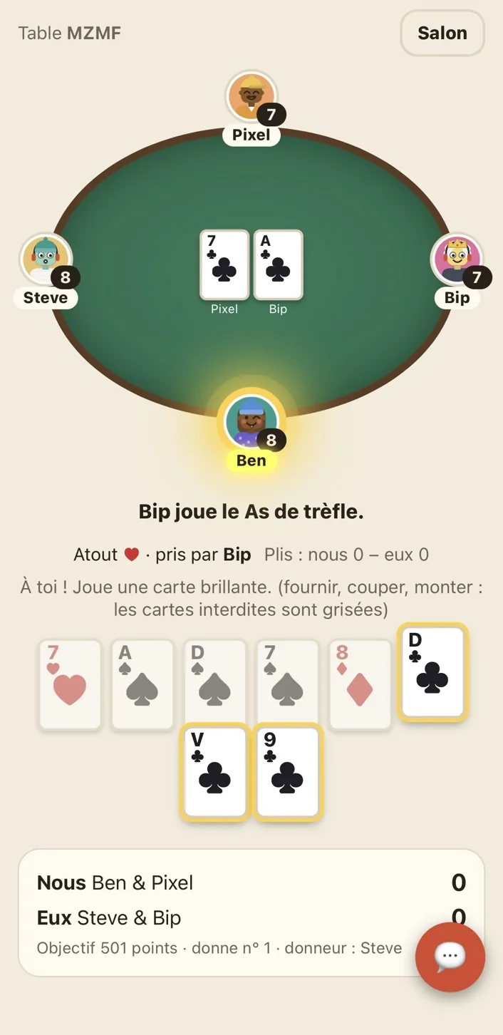 Partie de Belote à quatre joueurs, cartes en main