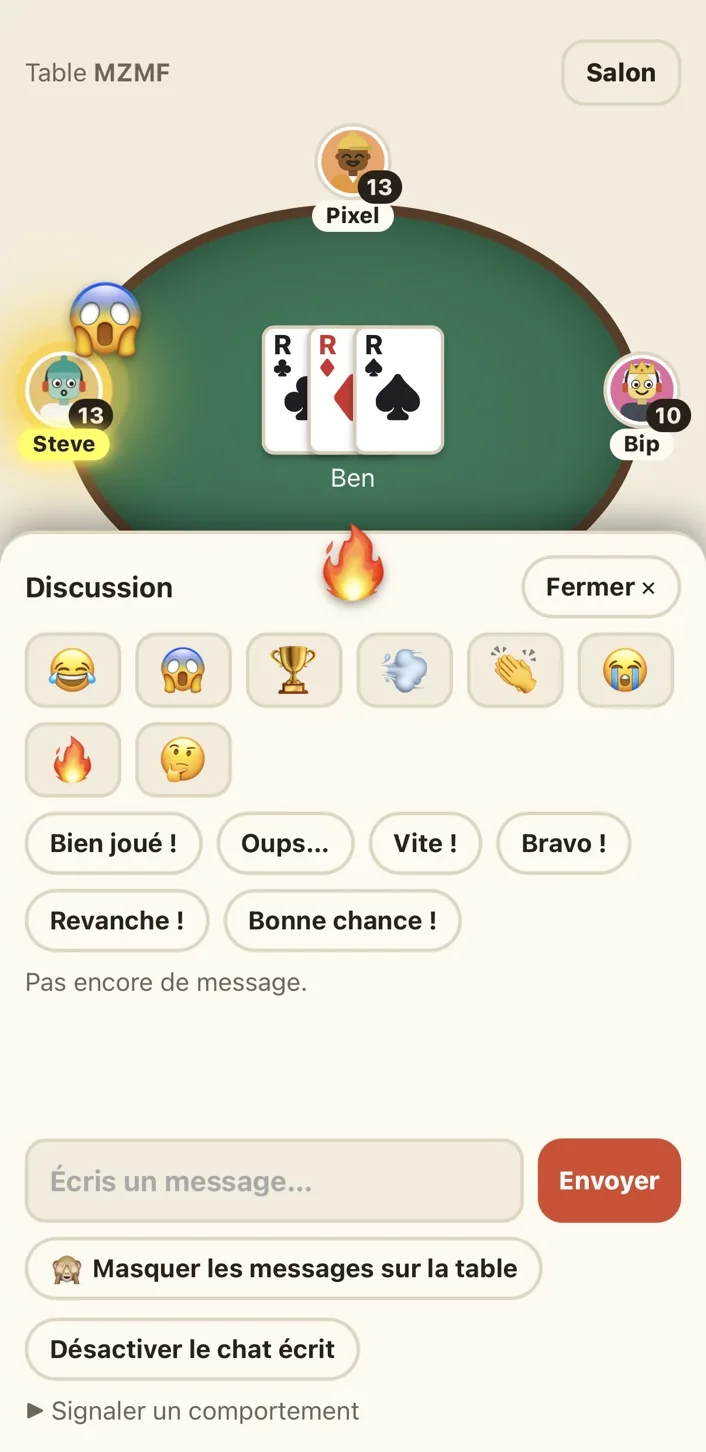 Émojis et réactions sur une table FamiCards, avec chat ouvert