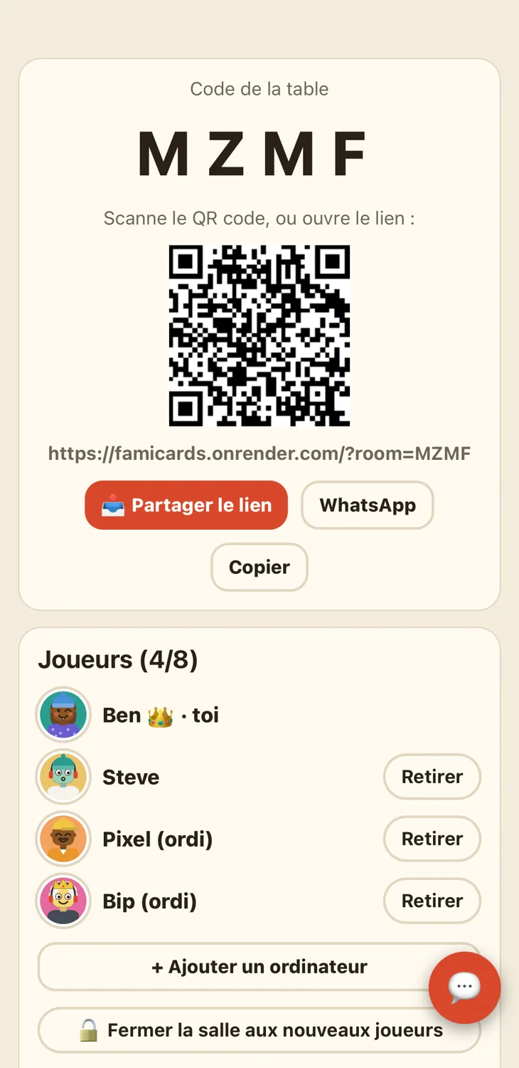 Salon FamiCards avec code QR, invitation et bouton pour ajouter un ordinateur